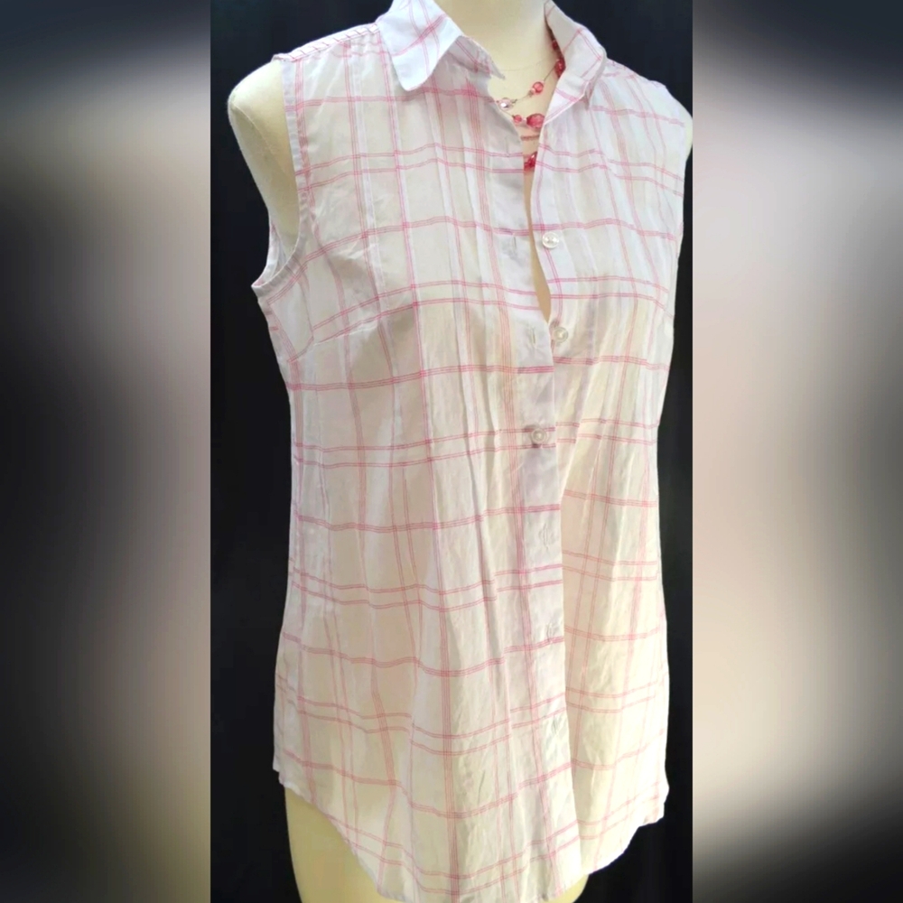 CAbi  Blouse Sleeveless Collared White/Red Gauzy Cotton Women Sz S NWT